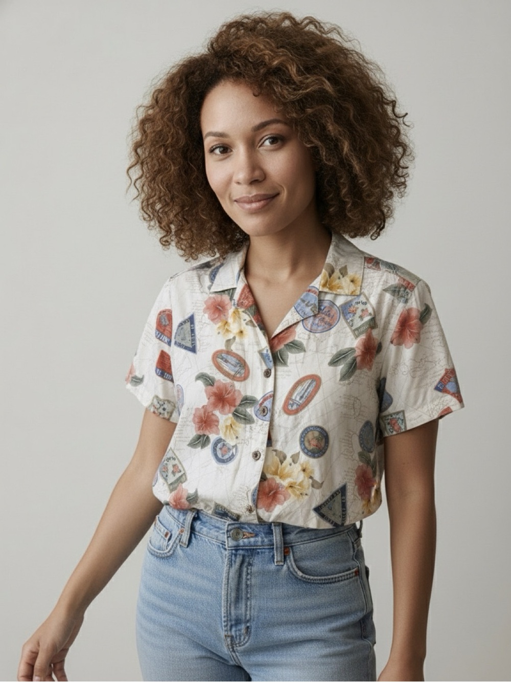 Caribbean Joe Medium Cream Beach Button-Up Shirt